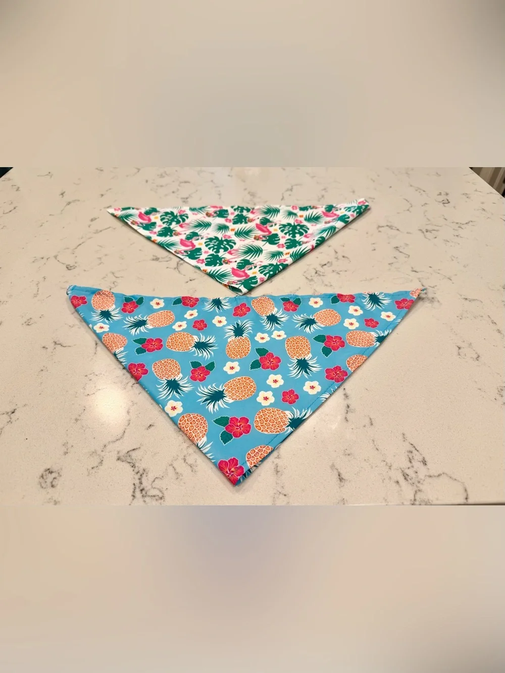 Set of 2 Tropical Print Dog Bandanas - flamingo and pineapple with hibiscus
